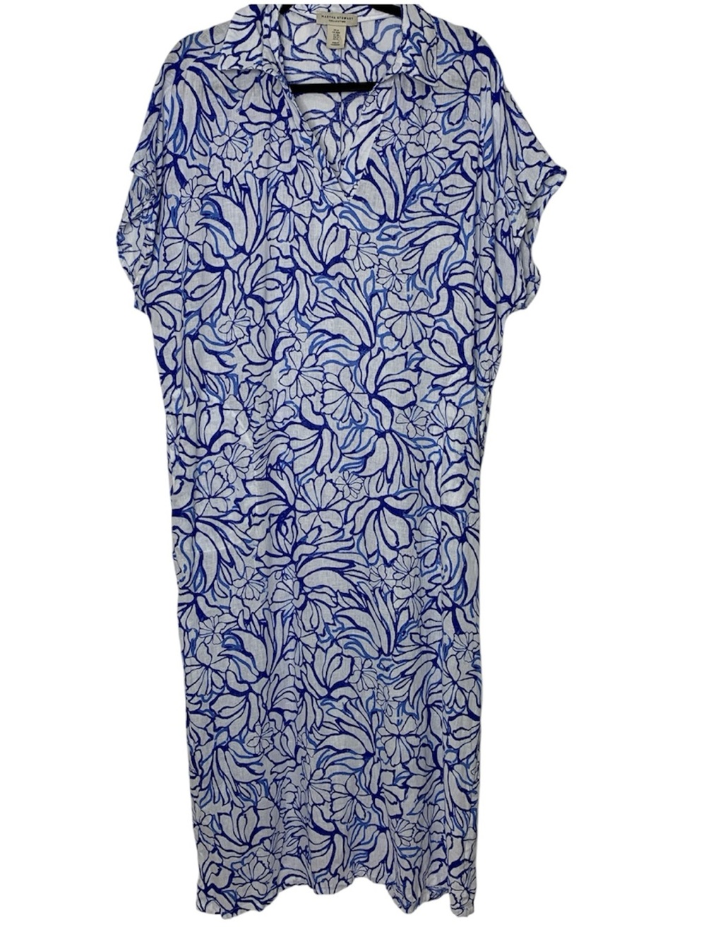 Linen Blend Midi/Maxi Blue and White Floral Dress Coastal lagen beachy medium